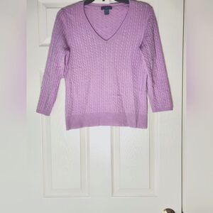 Griffin L Lavender Cable Knit 3/4 Sleeves V-neck 100% CASHMERE Women’s Sweater